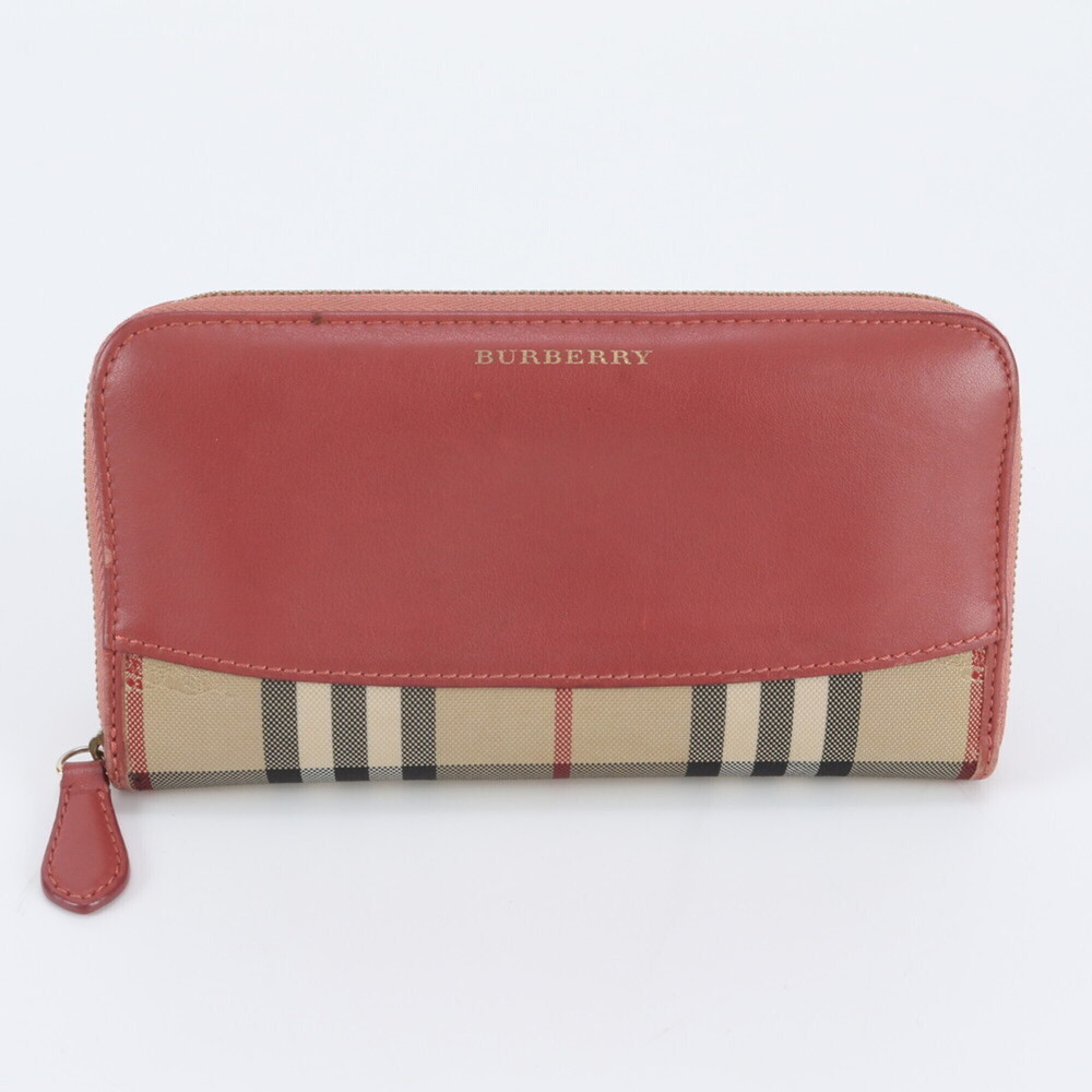 Burberry Nova Check Leather Canvas Long Wallet, Round Zipper, Women's